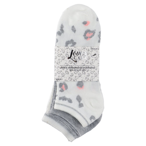 Love To Laze Ladies Jacquard Design Socks 3 Pk Size 4-7 Assorted Styles Socks Love to Laze White Grey Leopard Print & Stripe  