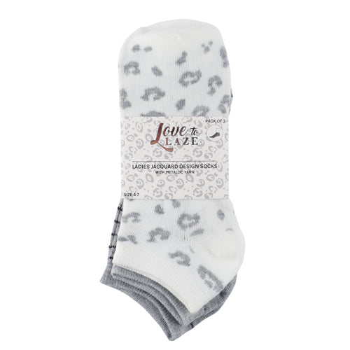 Love To Laze Ladies Jacquard Design Socks 3 Pk Size 4-7 Assorted Styles Socks Love to Laze White Grey Leopard Print & Spot  
