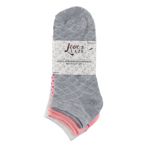 Love To Laze Ladies Jacquard Design Socks 3 Pk Size 4-7 Assorted Styles Socks Love to Laze Grey Pink White Stripe & Pattern  