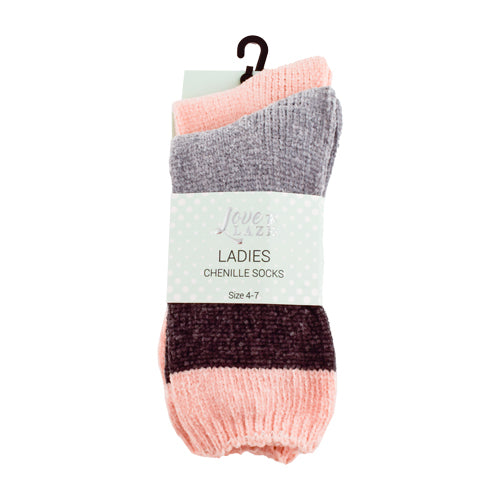 Love To Laze Pink And Grey Striped Ladies Chenille Socks 2 Pairs Size 4-7 Socks & Snuggle Socks FabFinds   