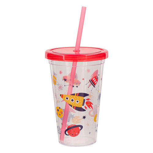 Space Themed Plastic Drinking Cup With Straw Assorted Colours Kitchen Accessories FabFinds Red  