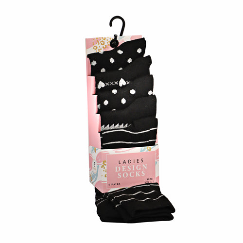 Ladies Design Socks Assorted Styles UK 4-7 5 PK Socks FabFinds Black & White Spot Print  