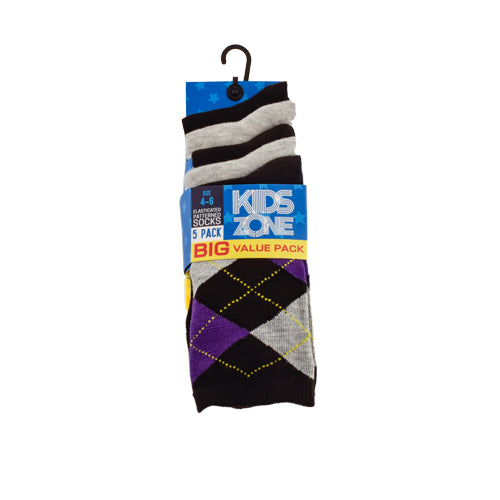 Kids Zone Argyle Patterned Elasticated Socks 5 Pack Socks FabFinds   