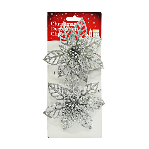 Christmas Glitter Clip Decorations 2 Pk Christmas Baubles, Ornaments & Tinsel FabFinds flower2-silver  