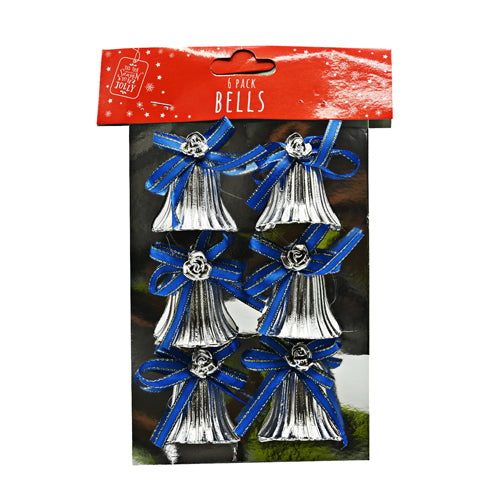 Christmas Gold Hanging Bells 6 Pack Christmas Baubles, Ornaments & Tinsel FabFinds Silver & Blue Ribbon  