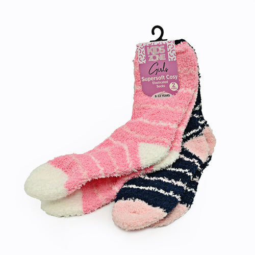 Girls Supersoft Cosy Socks 2 Pk Assorted Sizes/Styles Kids Snuggle Socks Kids Zone Pink Stripes 8-13 yrs  