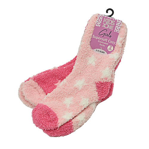 Girls Supersoft Cosy Socks 2 Pk Assorted Sizes/Styles Kids Snuggle Socks Kids Zone Pink Stars 8-13 yrs  