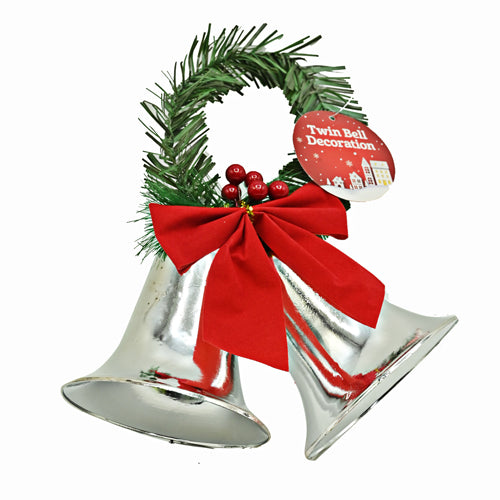 Hanging Christmas Twin Bell Berries Christmas Baubles, Ornaments & Tinsel FabFinds Silver  