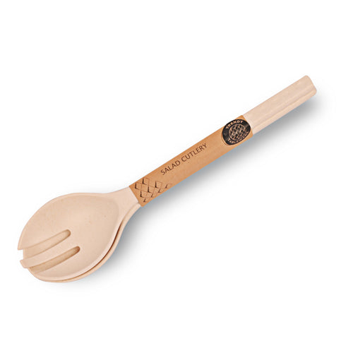Bamboo Melamine Salad Spoon & Fork Set Assorted Colours Kitchen Accessories FabFinds Cream  