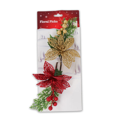Christmas Floral Picks With Berries 2 Pk Assorted Colours Christmas Garlands, Wreaths & Floristry FabFinds Red & Gold  