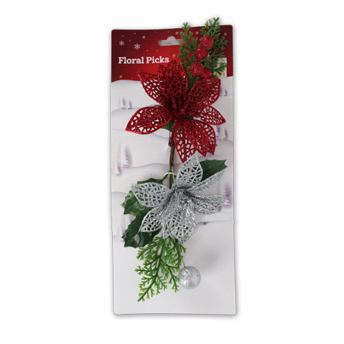 Christmas Floral Picks With Berries 2 Pk Assorted Colours Christmas Garlands, Wreaths & Floristry FabFinds Silver & Red  