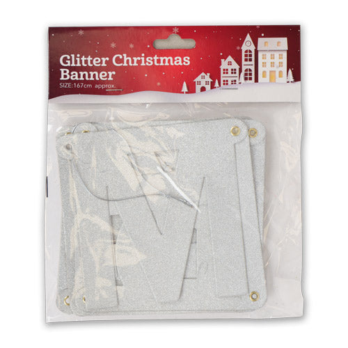 Glitter Merry Christmas Banner - Assorted Colours Christmas Festive Decorations FabFinds Silver  