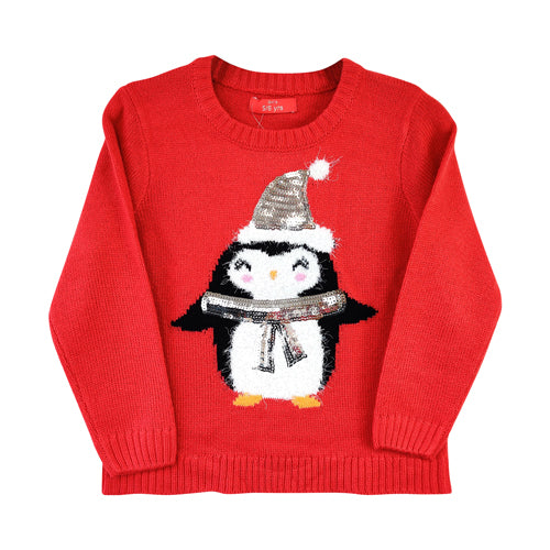 Girls Red Knit Penguin Christmas Jumper – FabFinds