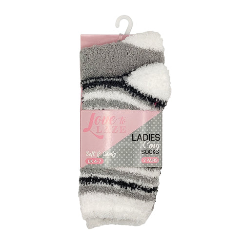 Women's Twin Pack Snuggle Socks Grey White Stripe Patterned UK 4-7 Snuggle Socks FabFinds   