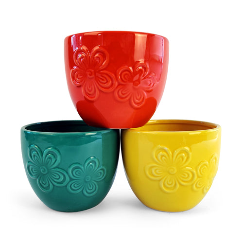 colourful indoor plant pots Decorative Flower Embossed Indoor Plant Pot 11cm