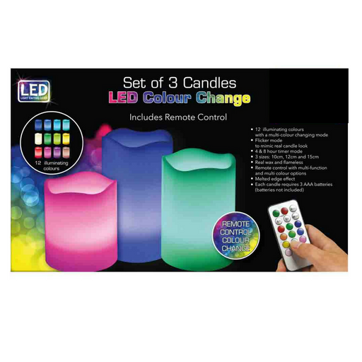 Multi Colour LED Remote Control Candles Set of 3 Candles FabFinds   