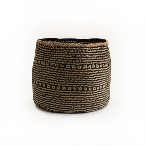 Rizzi Natural & Black Seagrass Wide Basket - Medium Storage Baskets FabFinds   