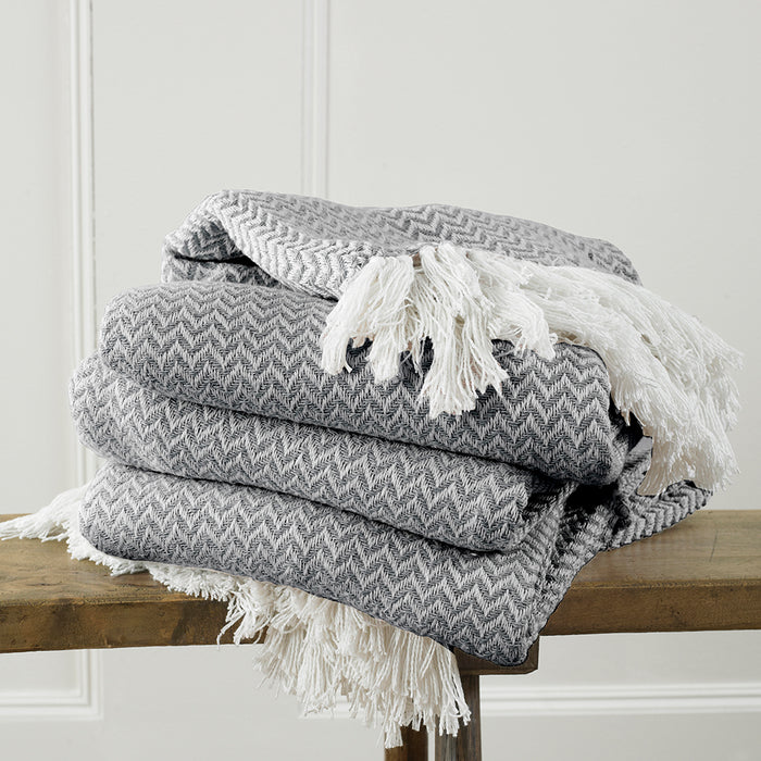 Safi Woven Herringbone Fringed Throw Throws & Blankets FabFinds Charcoal 127 x 152cm 