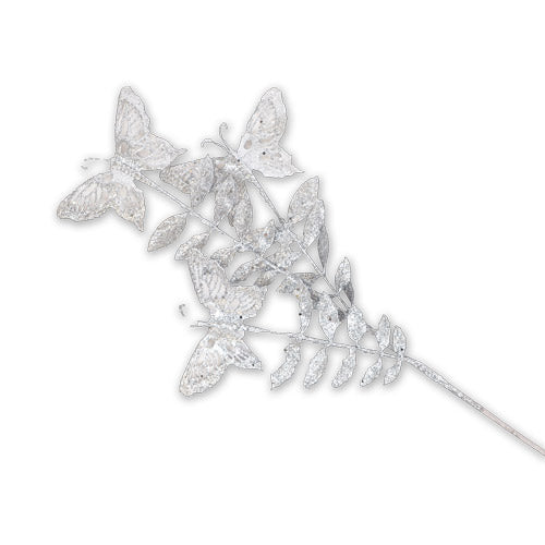 Artificial Silver Glitter Leaf and Butterfly Stem 70cm Christmas Garlands, Wreaths & Floristry FabFinds   