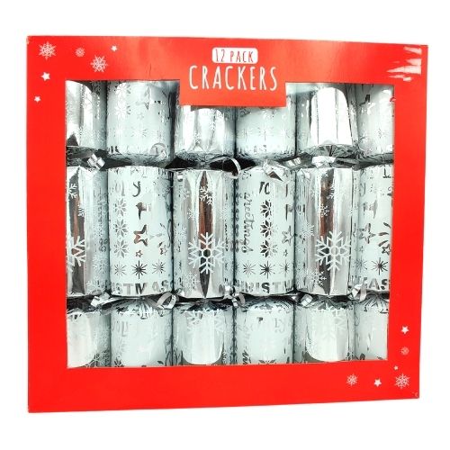 Silver and White Slogan Snowflake Christmas Crackers 12 Pk Christmas Tableware FabFinds   