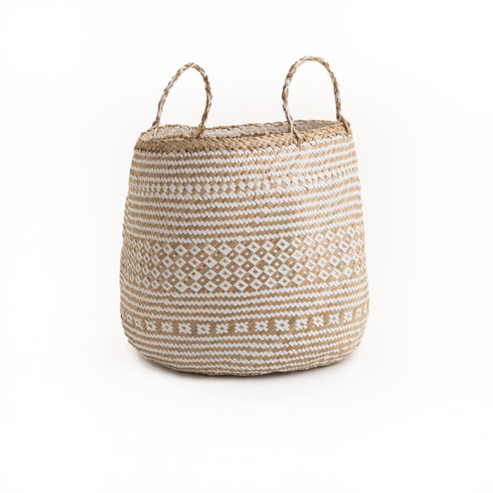 Strada Natural & White Seagrass Barrel Basket - Large Storage Baskets FabFinds   