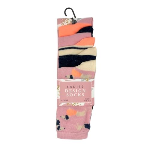 Ladies Design Socks Assorted Styles UK 4-7 5 PK Socks FabFinds Pink & Navy Dog Print  