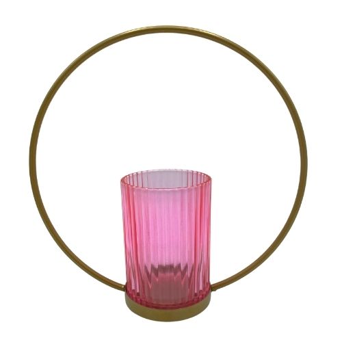 Round Ribbed Glass Tealight Holder Assorted Colours Candle Holders FabFinds Pink  