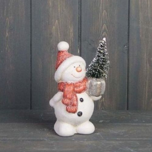 Christmas Snowman Holding A Light Up Tree Christmas Decoration The Satchville Gift Company   