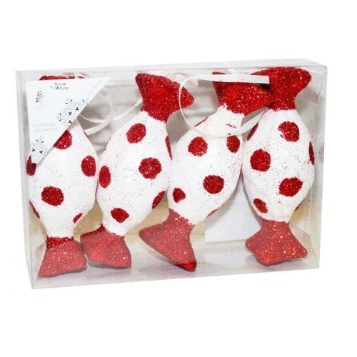 Spotty Red & White Candy Cane Christmas Hangers 4 Pk Christmas Decorations Snow White   