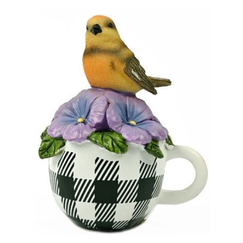 Novelty Bird Checkered Tea Cup Garden Ornament Assorted Colours Garden Ornaments FabFinds Purple Flower & Yellow Bird  