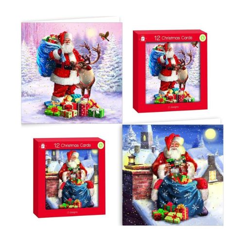 Traditional Santa With Presents & Reindeer Christmas Cards 12 Pk Christmas Cards Giftmaker   
