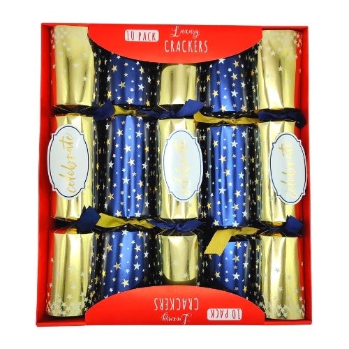 Luxury Gold and Blue Star Christmas Crackers 10 Pk Christmas Tableware FabFinds   