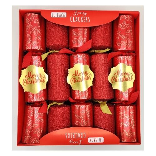 Red Holly and Glitter Luxury Christmas Crackers 10 Pk Christmas Tableware FabFinds   