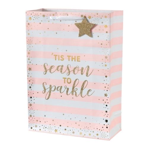 Large Christmas Gift Bag Glitter Blush Stripes Christmas Gift Bags & Boxes FabFinds   