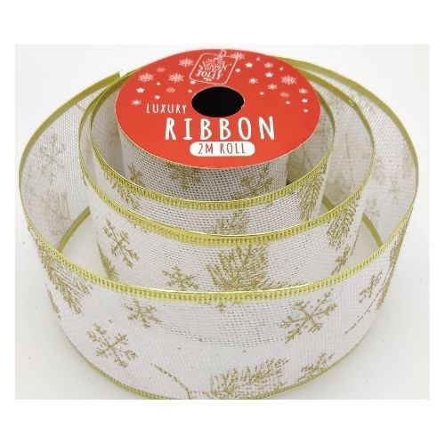 Christmas Gift Luxury Ribbon 2M Roll Assorted Designs Christmas Tags & Bows FabFinds White & Gold  