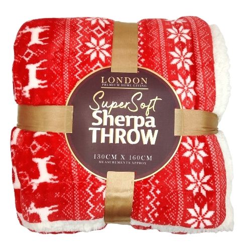 Super Soft Sherpa Reindeer Throw 130cm x 160cm Christmas Cushions & Throws FabFinds Red  