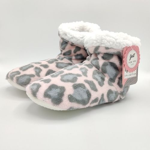 Ladies Cosy Short Boots Pink and Grey Leopard Slippers FabFinds   