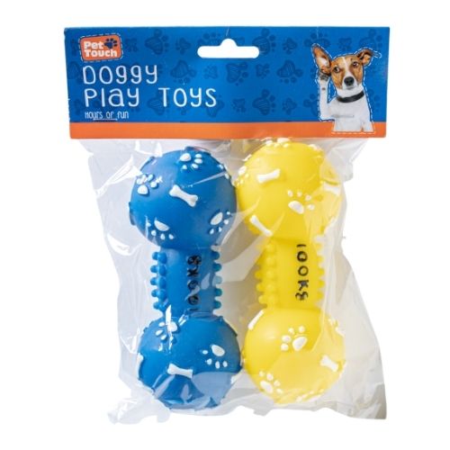 Pet Touch Squeaky Dumbbell Doggy Play Toy 2 Pack Dog Toys Pet Touch Blue & Yellow  