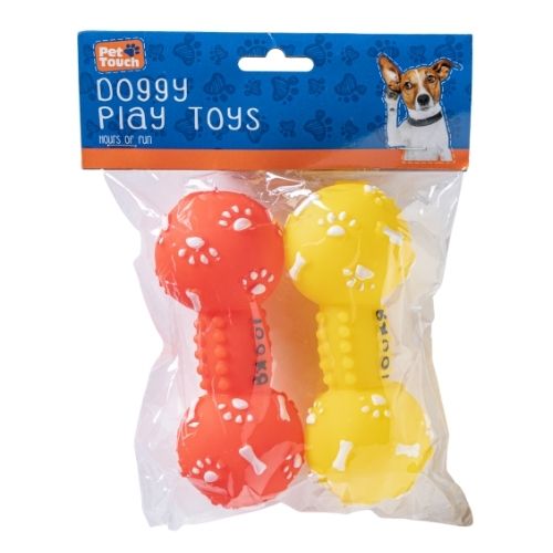 Pet Touch Squeaky Dumbbell Doggy Play Toy 2 Pack Dog Toys Pet Touch Red & Yellow  