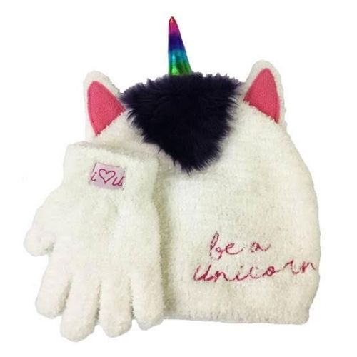 Girls Fluffy White Unicorn Hat & Glove Set Hats, Gloves & Scarves FabFinds   