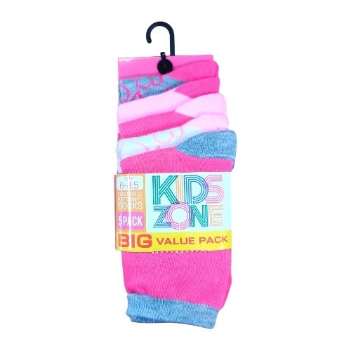Kids Zone Girls Pink Heart Socks 5 Pairs Assorted Sizes Socks FabFinds   