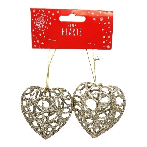 Glitter Heart Christmas Decorations 2 Pk Christmas Baubles, Ornaments & Tinsel FabFinds Gold  