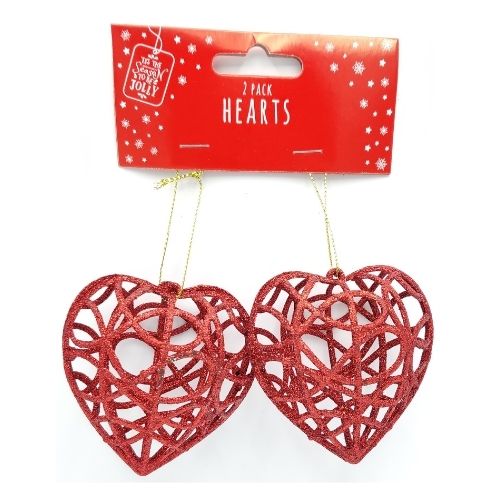 Glitter Heart Christmas Decorations 2 Pk Christmas Baubles, Ornaments & Tinsel FabFinds Red  