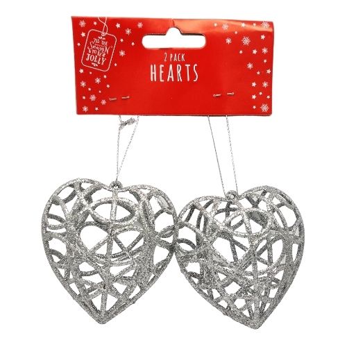 Glitter Heart Christmas Decorations 2 Pk Christmas Baubles, Ornaments & Tinsel FabFinds Silver  