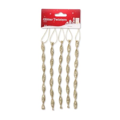 Glitter Twisters Christmas Decorations Assorted Colours 5Pk Christmas Decorations FabFinds Gold  