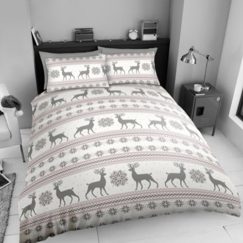 Coloroll Pink & Grey Reindeer Christmas Duvet Assorted Sizes - FabFinds