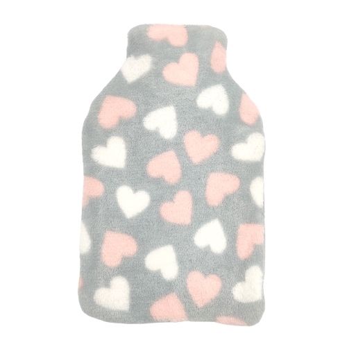 Printed Coral Fleece Hot Water Bottles Assorted Designs Hot Water Bottles Cosy & Snug Grey and Pink Hearts  