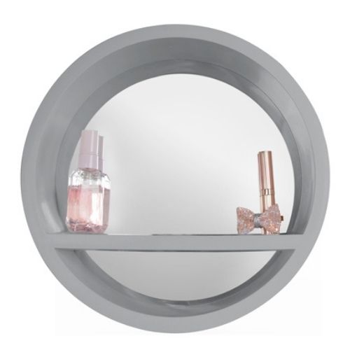 Round Grey Mirror With Shelf 30cm Shelving Home Collection   