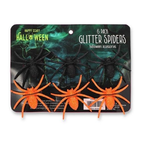 Happy Halloween Glitter Spiders 6 Pack Assorted Colours Halloween Decorations FabFinds Orange & Black  
