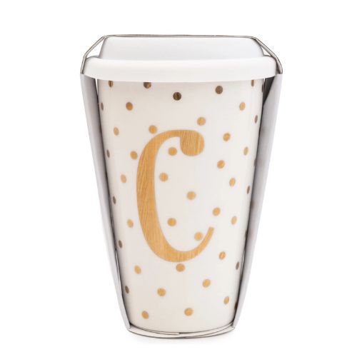 Initial White & Gold Travel Mug C Gold 15cm Mugs Candlelight   